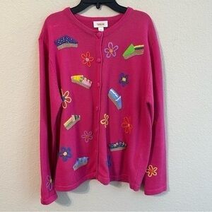 Talbots Sweater Pink Flowers Espadrille Shoes Print Knit Button Down Summer